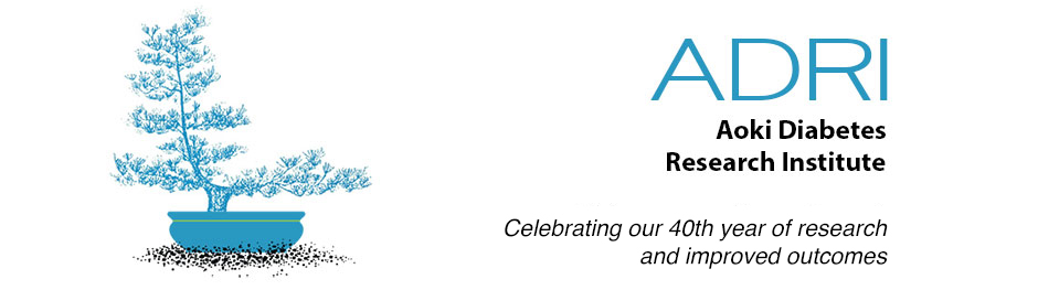 Banner with ADRI logo of blue-green tree and text "Aoki Diabetes Research Institute; Celebrating our 40th year of research and improved outcomes."